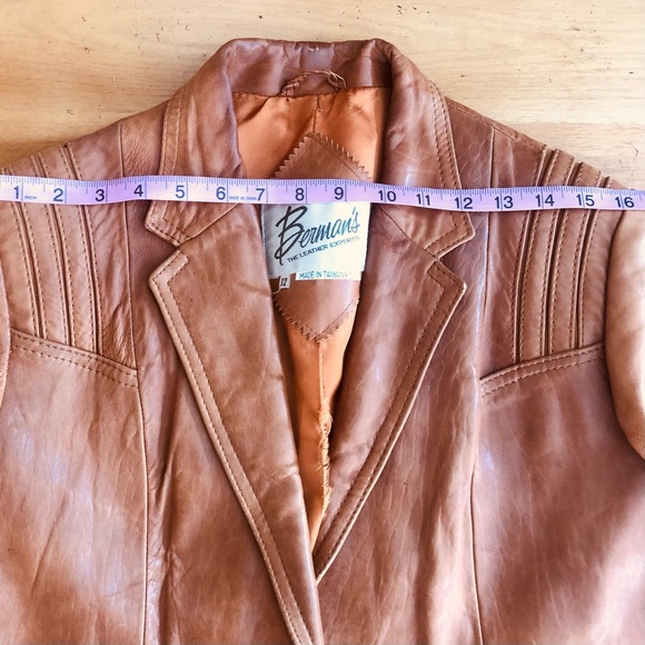 Vintage 70s Belted Leather Jacket Caramel Brown Leather Cognac Tailored Medium - Picture 13 of 16